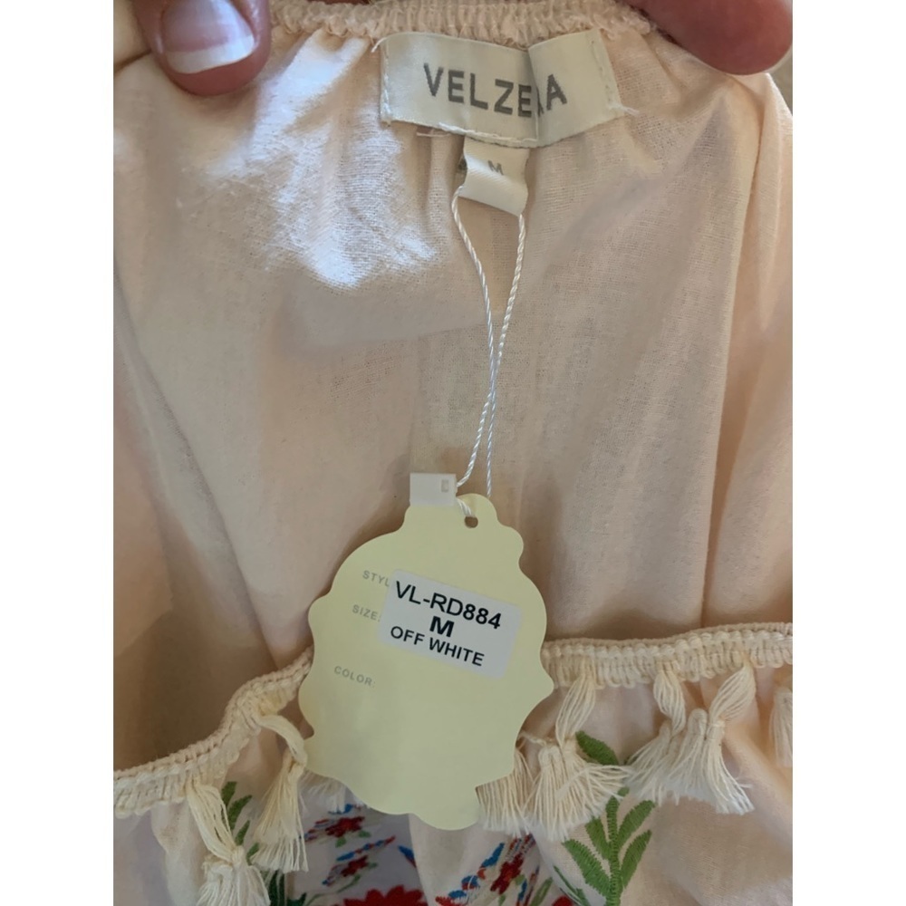 Tan Embroidered Floral, Bird Design and Ruffled, Tasseled 3/4 Sleeve Tunic - Picture 12 of 14